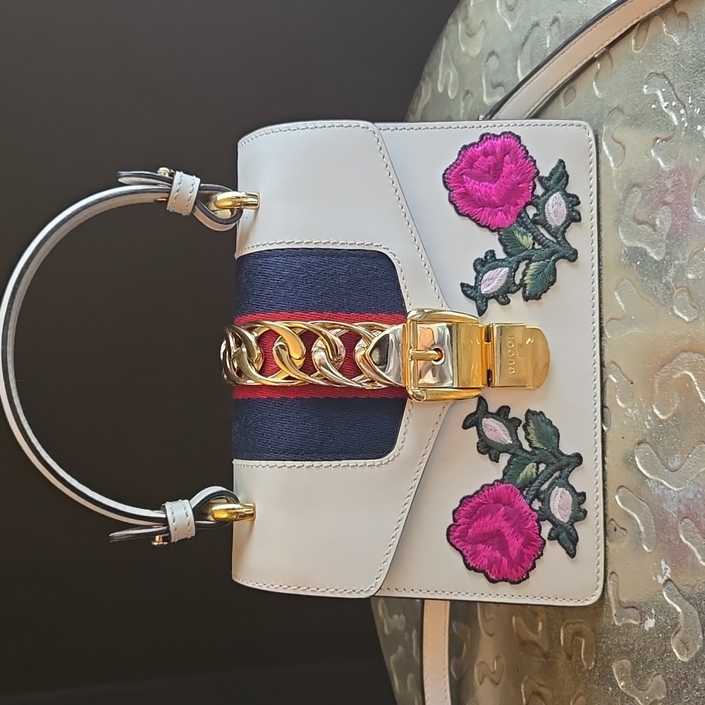 Gucci Sylvie Mini Top Handle Bag Embroidered Floral Web Stripe Leather
